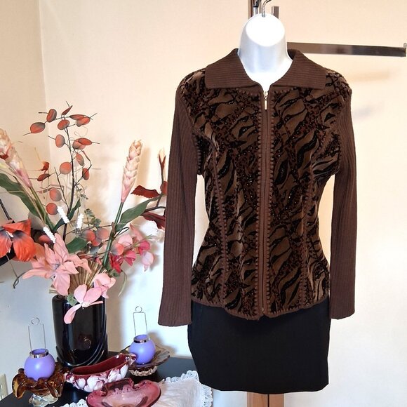 NWT Woman's Dark Brown Zip-Up Cardigan Knitwear Lightweight Sweater 6 S - Picture 4 of 9